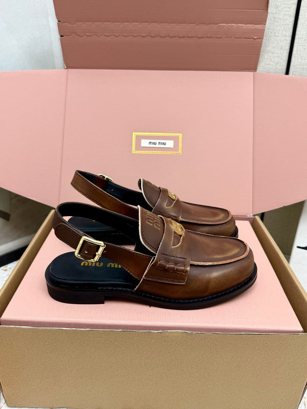 Miu Vintage-Effect Penny Slingback Faded Brown Leather 791000