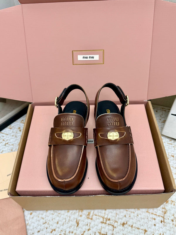Miu Vintage-Effect Penny Slingback Faded Brown Leather 791000
