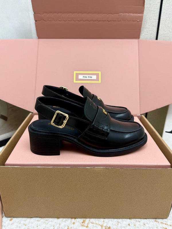 Miu Vintage-Effect Penny Slingback Black Leather 791002