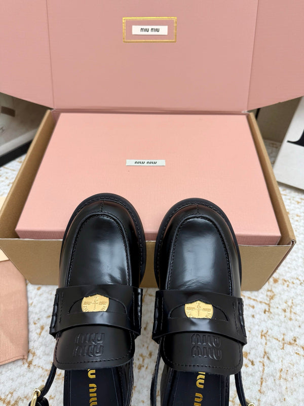 Miu Vintage-Effect Penny Slingback Black Leather 791002