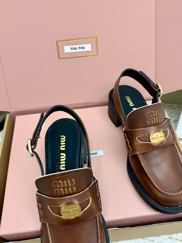Miu Vintage-Effect Penny Slingback Brown Leather 791003