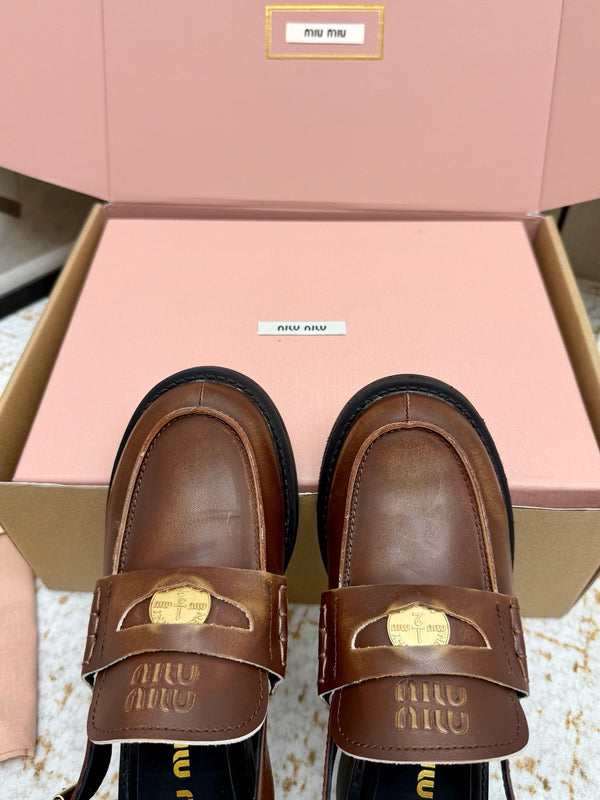 Miu Vintage-Effect Penny Slingback Brown Leather 791003