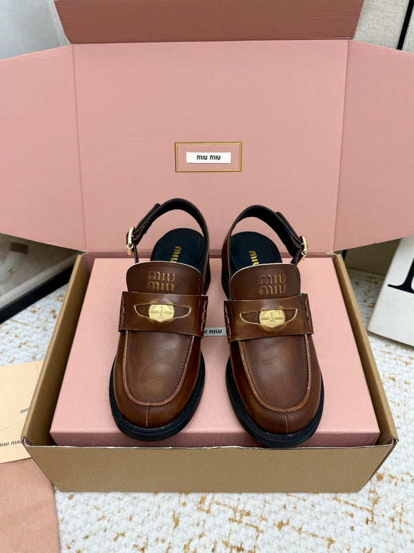 Miu Vintage-Effect Penny Slingback Brown Leather 791003