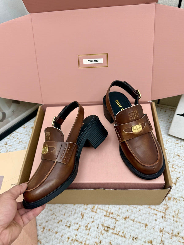 Miu Vintage-Effect Penny Slingback Brown Leather 791003