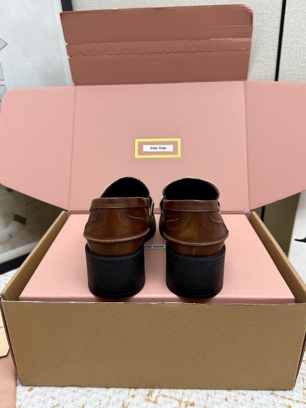 Miu Vintage-Effect Penny Loafers Brown Leather 791005
