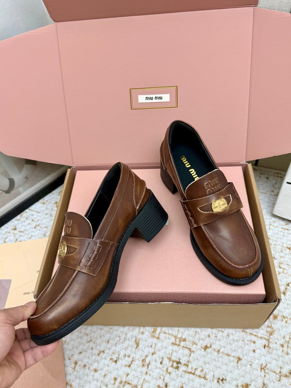 Miu Vintage-Effect Penny Loafers Brown Leather 791005
