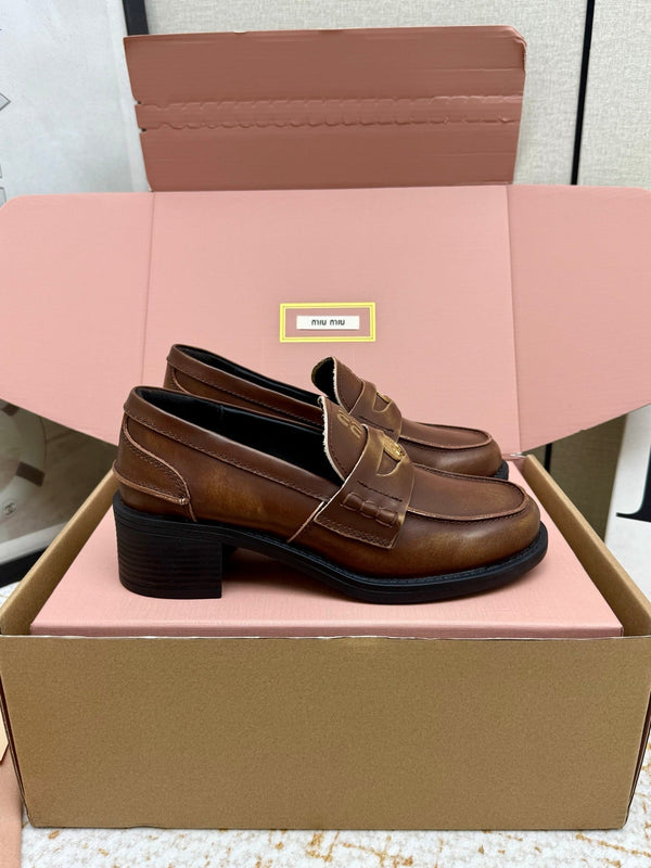 Miu Vintage-Effect Penny Loafers Brown Leather 791005