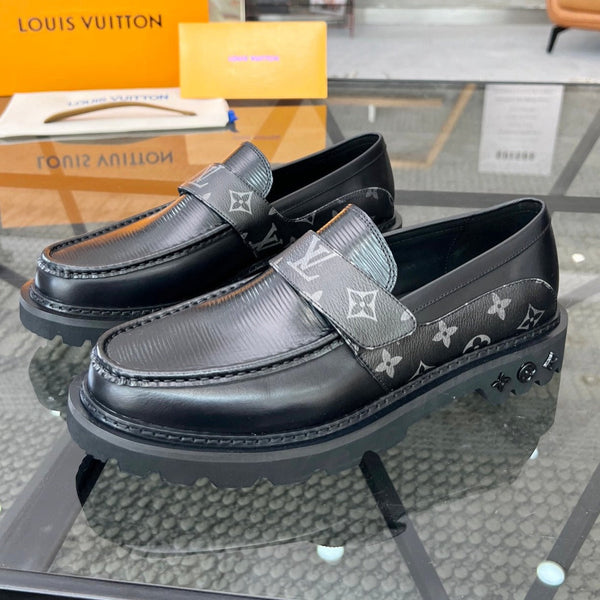 LV LOAFERS BLACK PLAIN CALFSKIN WITH MONOGRAM STRAP