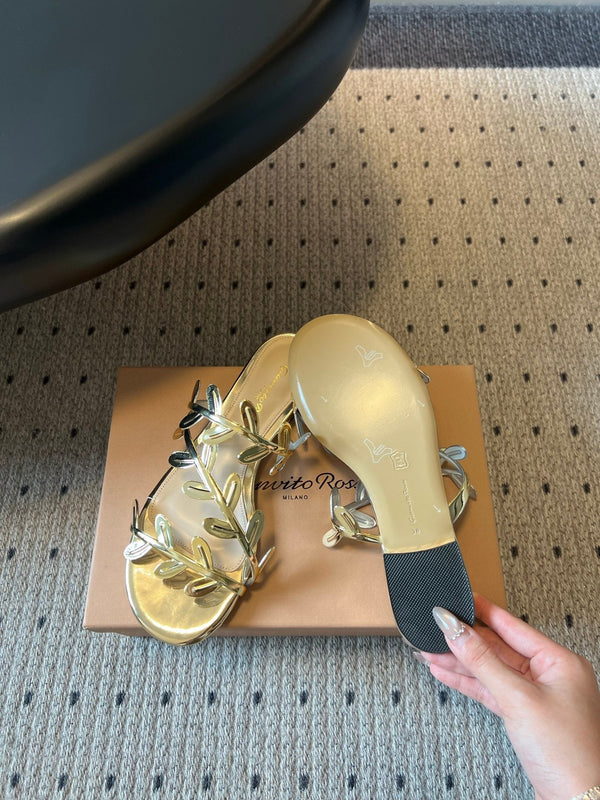 Gianvito Rossi Flavia Flat Sandals Metallic Gold Sheepskin 803765