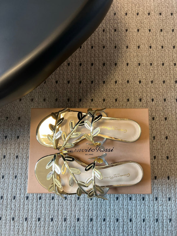 Gianvito Rossi Flavia Flat Sandals Metallic Gold Sheepskin 803765