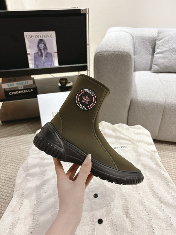 CD Ankle Boots Brown Moss Green Elastic Fabric