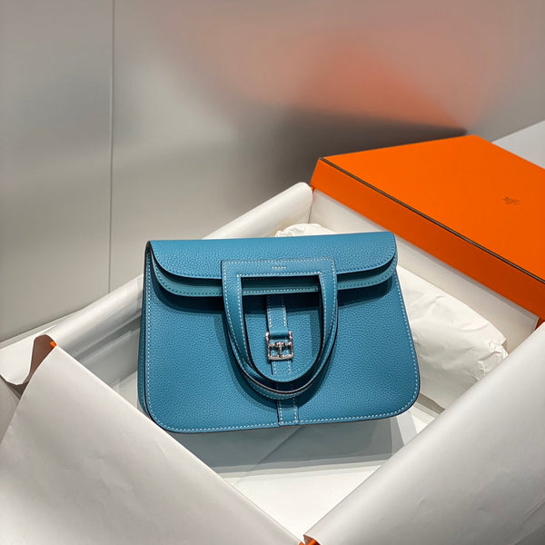 BORSA HALZAN 25 CON MANICO IN PELLE DI VITELLO MARTELLATA BLU FONTANA