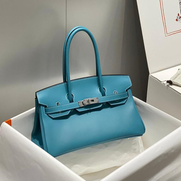 Borsa a spalla HM Birkin 29 cm in denim blu, pelle Swift, hardware argento