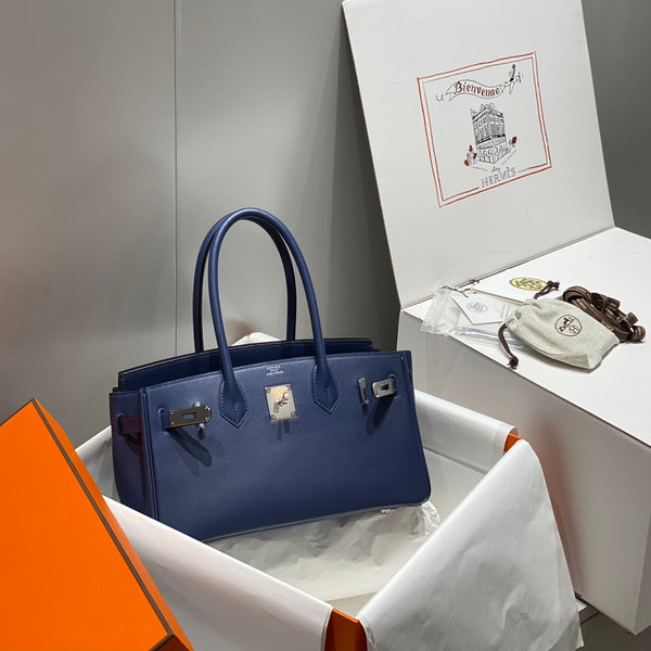 Borsa a spalla HM Birkin 29 blu navy in pelle marrone 222344