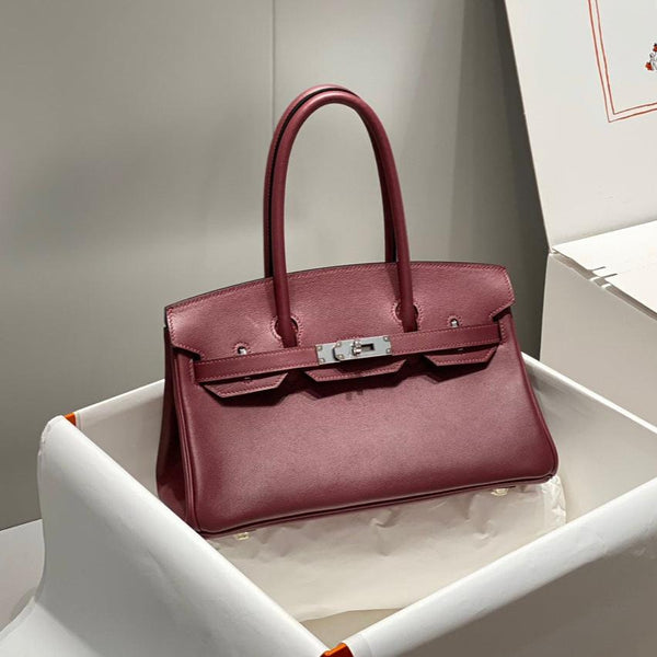 Borsa a spalla HM Birkin 29 cm in pelle Swift bordeaux con finiture in argento
