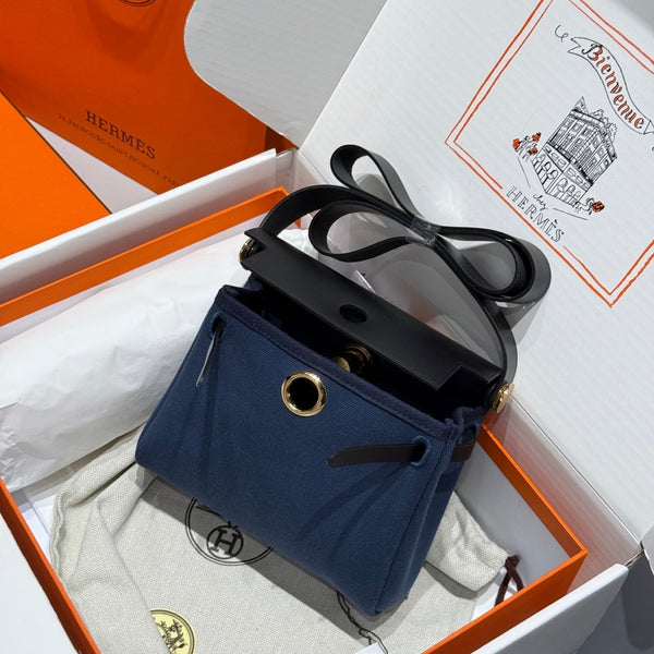 HM Mini Herbag Gold Buckle 20 Navy Blue Canvas and Hunter Cowhide 243255