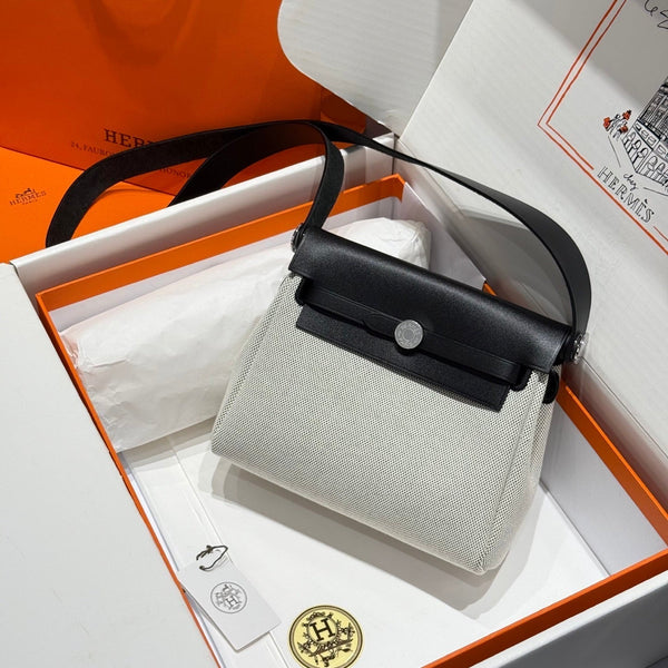 HM Mini Herbag Silver Buckle 20 Ecru White Canvas e pelle bovina Hunter 243231