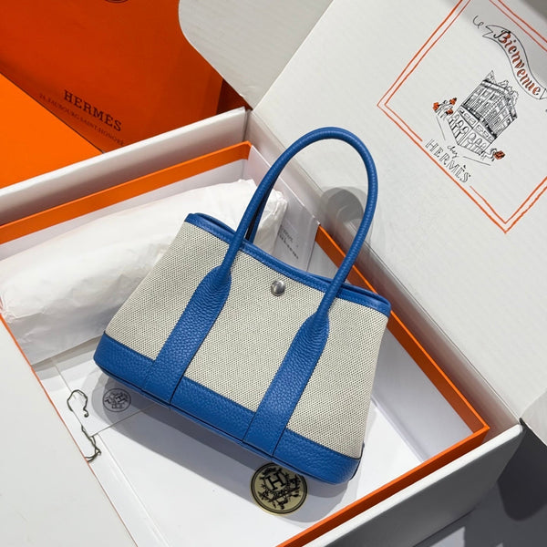 HM Garden Party Mini 23cm Bag Blue Togo Cream Canvas