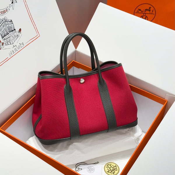 HM Garden Party 30cm Bag Etoupe Clemence Togo Red Canvas