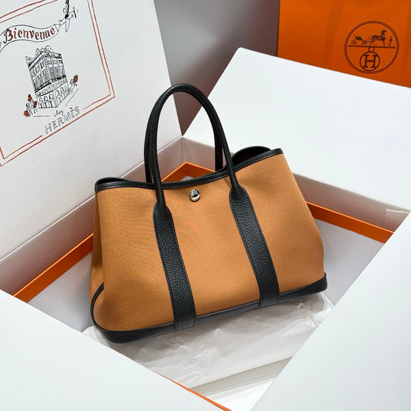 HM Garden Party 30cm Bag Black Togo Brown Canvas
