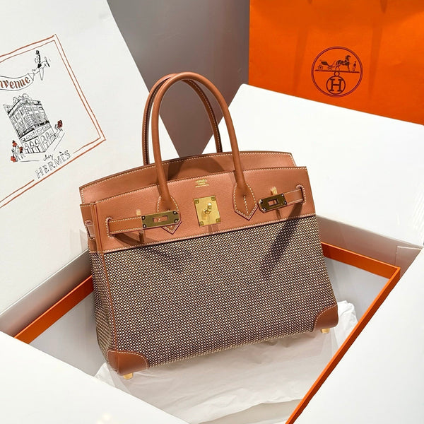 HM Birkin 30cm Golden Brown Swift Cowhide With Waffe Brown Canvas Fabric Ghw 249972