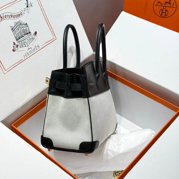 HM Birkin 30cm Black Swift Cowhide With Black White Checkered Canvas Fabric Ghw 249977