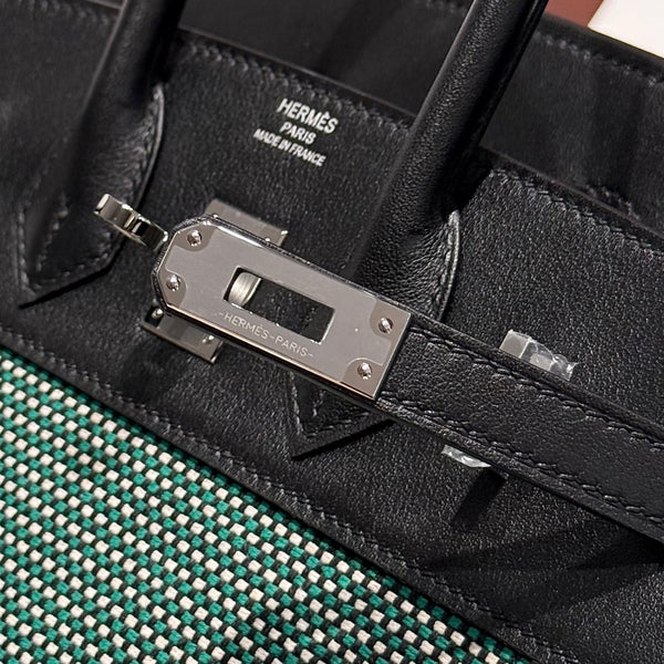 HM Birkin 25cm Black Swift Cowhide With Waffe Forest Green Canvas Fabric Shw 249987