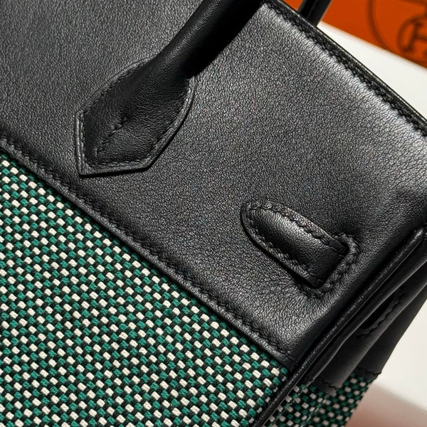 HM Birkin 25cm Black Swift Cowhide With Waffe Forest Green Canvas Fabric Shw 249987