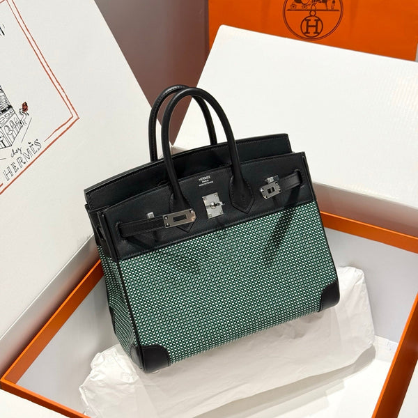 HM Birkin 25cm Black Swift Cowhide With Waffe Forest Green Canvas Fabric Shw 249987