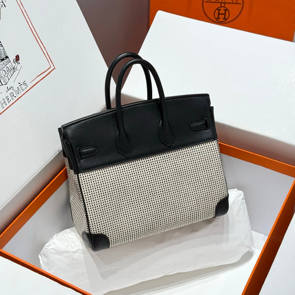 HM Birkin 25cm Black Swift Cowhide With Waffle Panda Black and White Canvas Fabric Shw 249985