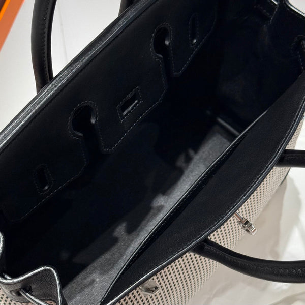 HM Birkin 25cm Black Swift Cowhide With Waffle Panda Black and White Canvas Fabric Shw 249985