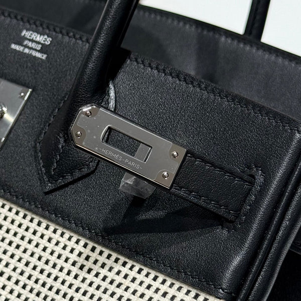 HM Birkin 25cm Black Swift Cowhide With Waffle Panda Black and White Canvas Fabric Shw 249985