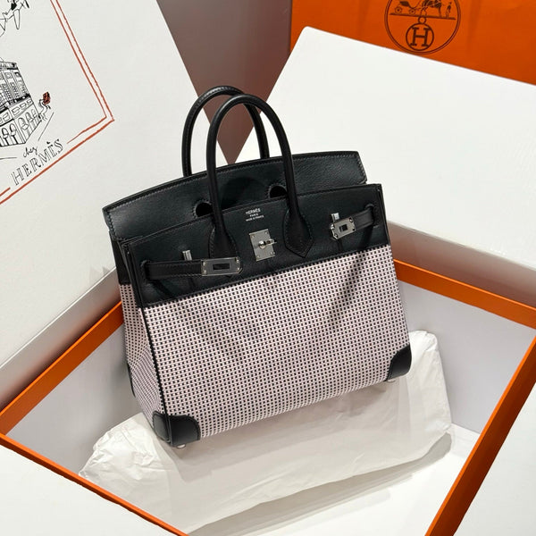 HM Birkin 25cm Black Swift Cowhide With Waffle Light Pink Canvas Fabric Shw 249984
