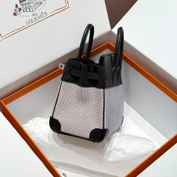 HM Birkin 25cm Black Swift Pink Canvas Silver Hardware