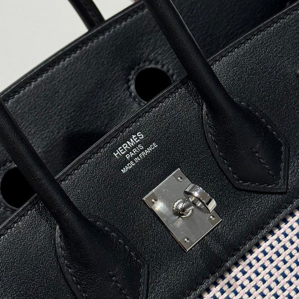 HM Birkin 25cm Black Swift Pink Canvas Silver Hardware