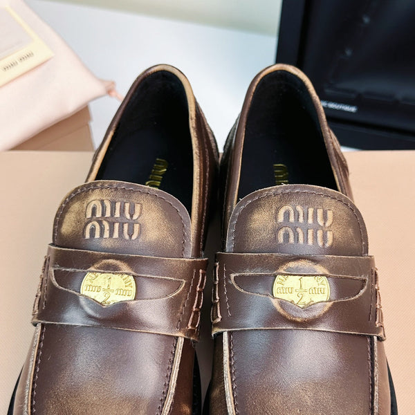 Miu Loafers Chestnut Brown Calfskin