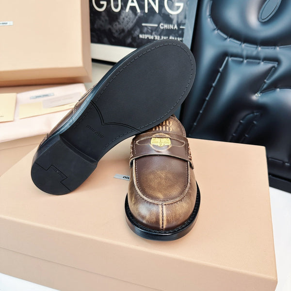 Miu Loafers Chestnut Brown Calfskin