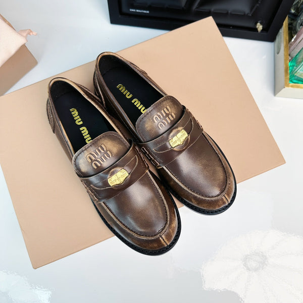 Miu Loafers Chestnut Brown Calfskin