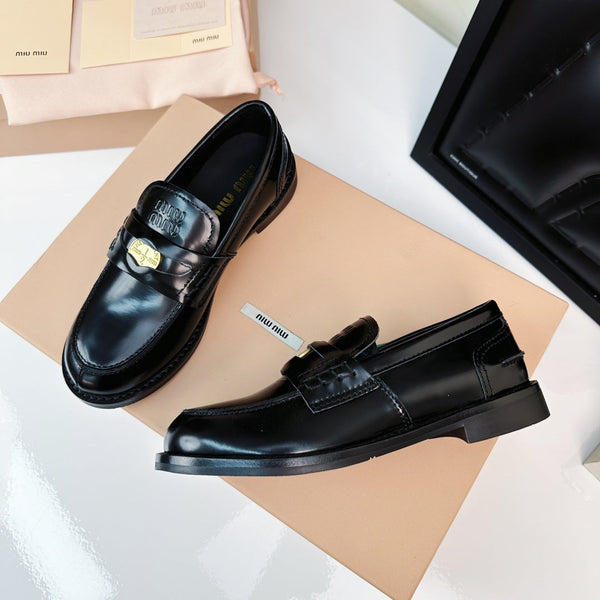 Miu Loafers Glossy Black Calfskin