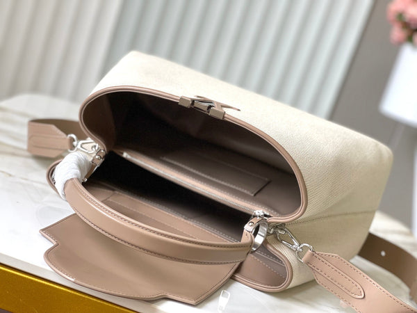CAPUCINES GM 38CM BEIGE CANVAS BROWN CALFSKIN