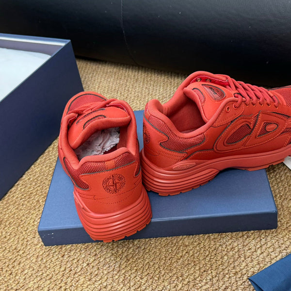 CD And Stone Island B30 Sneaker Red Orange Cowhide And Polyester Mesh Fabric