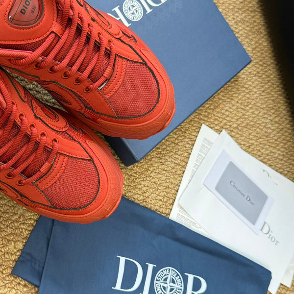 CD And Stone Island B30 Sneaker Red Orange Cowhide And Polyester Mesh Fabric