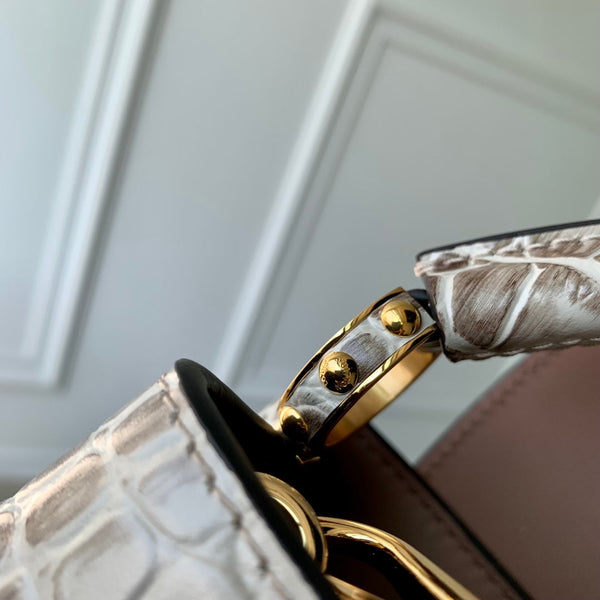 CAPUCINES MINI 21 WHITE GREY CROCODILE EMBOSSED CALFSKIN GOLD HARDWARE