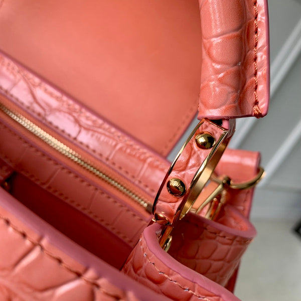 CAPUCINES MINI 21 PINK ORANGE CROCODILE EMBOSSED CALFSKIN GOLD HARDWARE