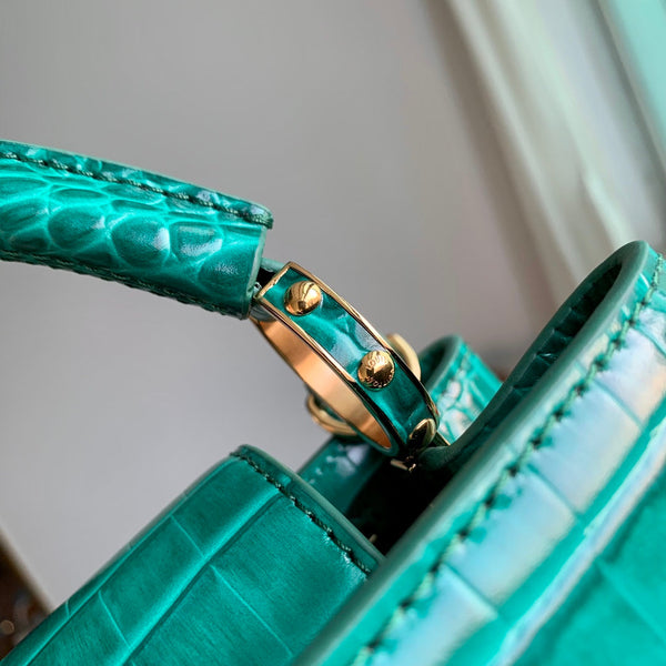 CAPUCINES MINI 21 GREEN CROCODILE EMBOSSED CALFSKIN GOLD HARDWARE