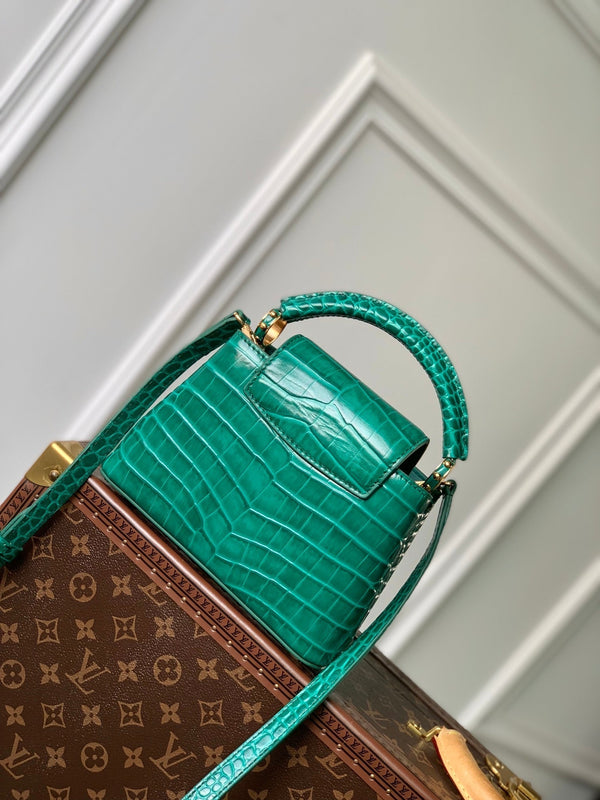 CAPUCINES MINI 21 GREEN CROCODILE EMBOSSED CALFSKIN GOLD HARDWARE