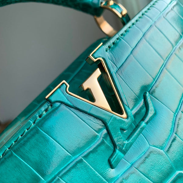 CAPUCINES MINI 21 GREEN CROCODILE EMBOSSED CALFSKIN GOLD HARDWARE
