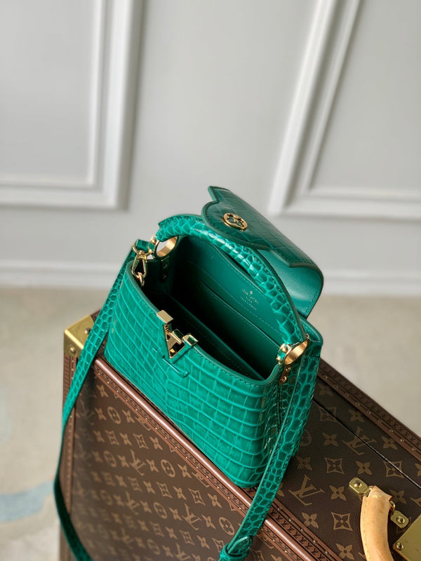 CAPUCINES MINI 21 GREEN CROCODILE EMBOSSED CALFSKIN GOLD HARDWARE