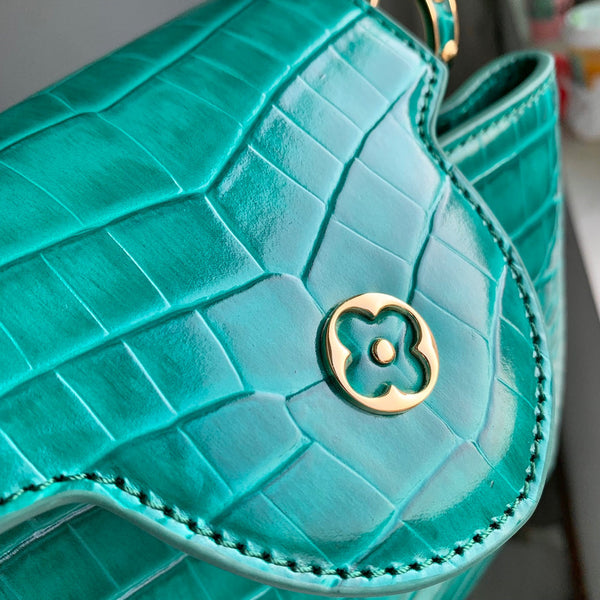 CAPUCINES MINI 21 GREEN CROCODILE EMBOSSED CALFSKIN GOLD HARDWARE