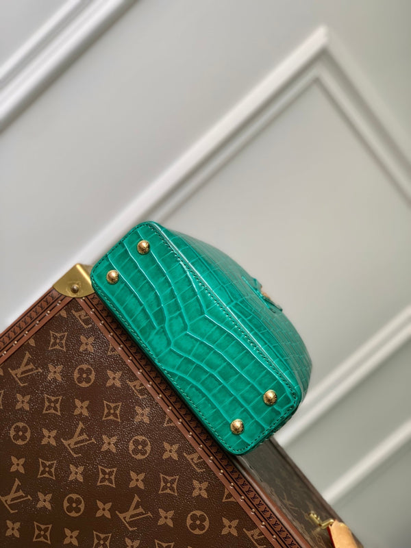 CAPUCINES MINI 21 GREEN CROCODILE EMBOSSED CALFSKIN GOLD HARDWARE